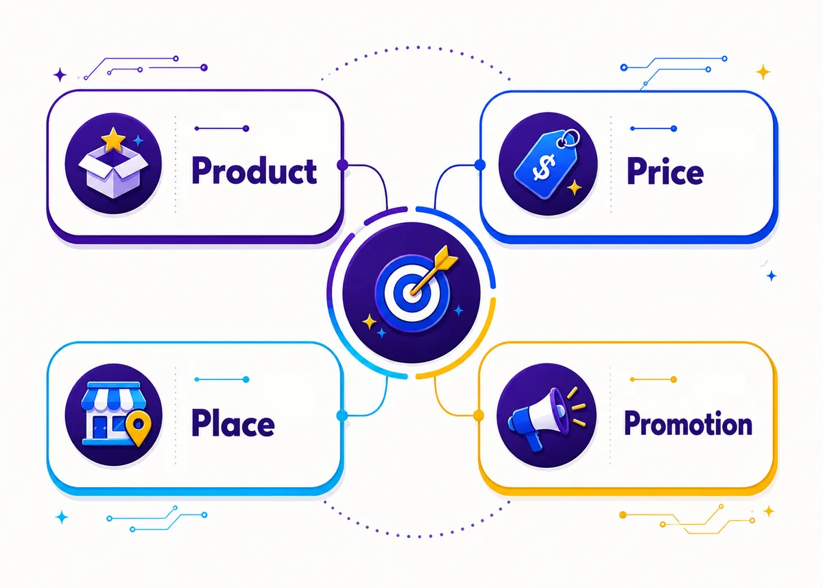 The four Ps marketing mix: Product, Price, Place, Promotion.