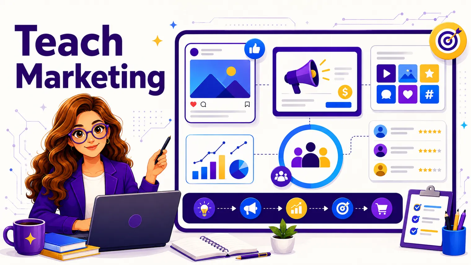 A marketing board with social posts, ad mockups and a target audience.
