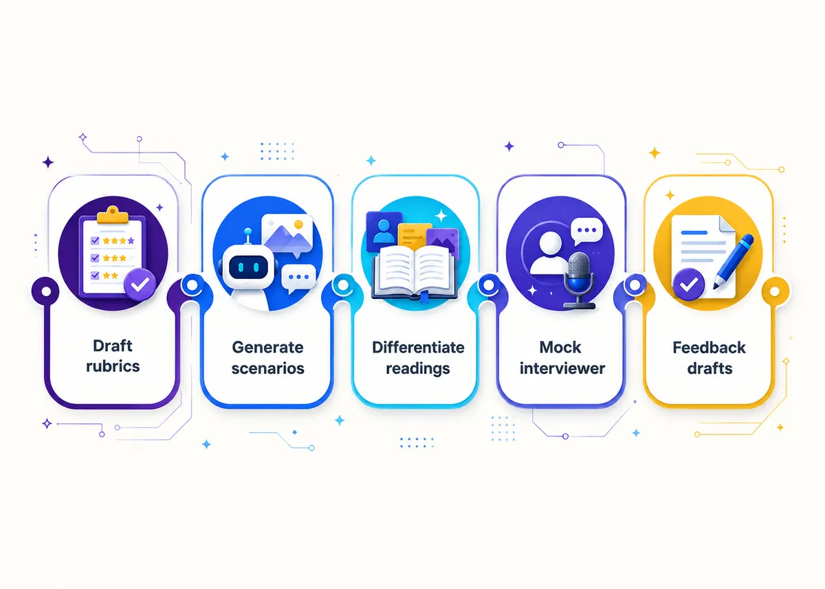 AI use cases that save teachers time: Draft rubrics, Generate scenarios, Differentiate readings, Mock interviewer, Feedback drafts
