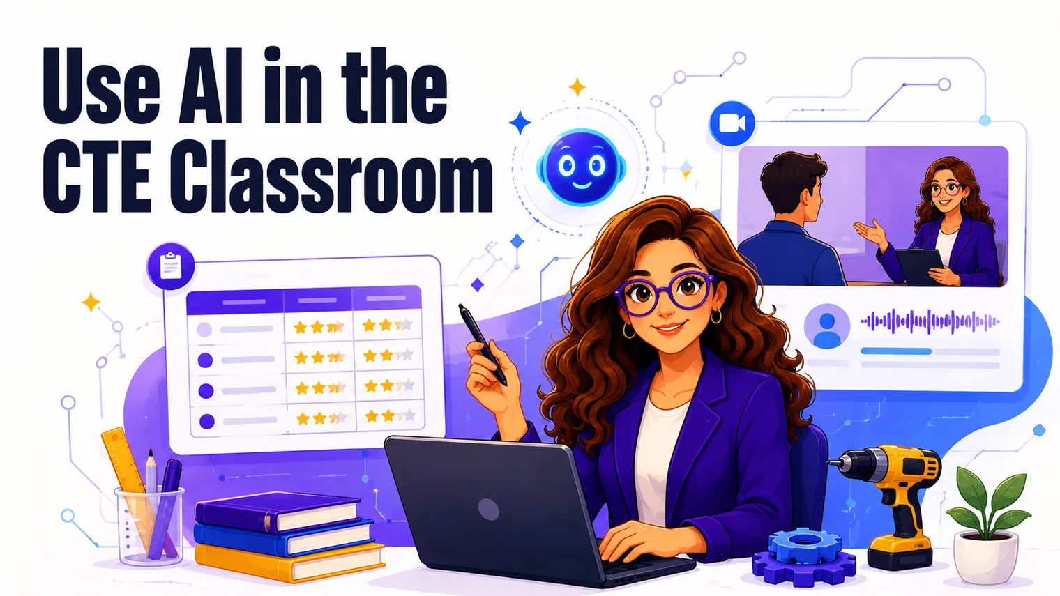 A teacher using AI as a tool: a rubric draft, a mock interview, a friendly AI spark.