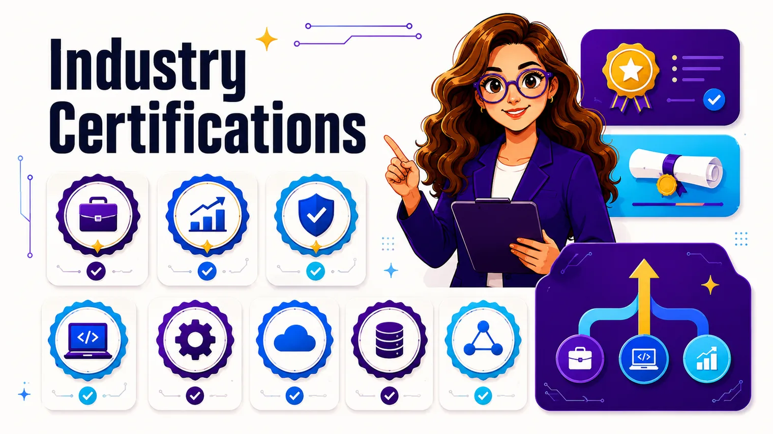 Certification badges across business and tech with diploma and pathway icons.