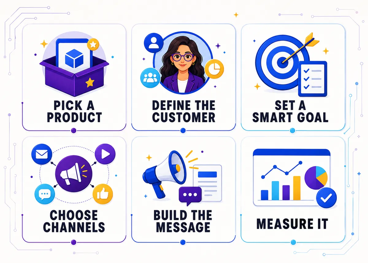 The campaign steps as tiles: Pick a product, Define the customer, Set a SMART goal, Choose channels, Build the message, Measure it.