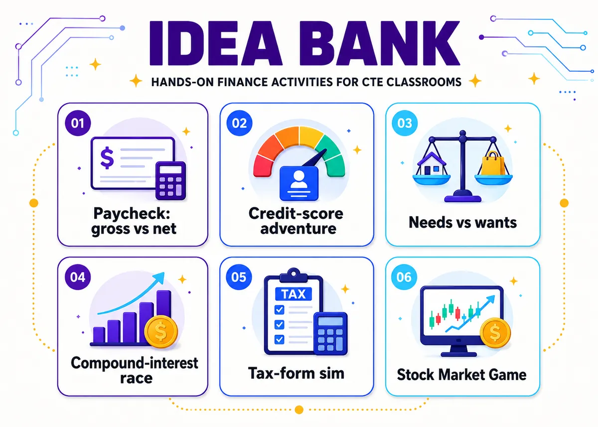 Personal finance activity tiles: Paycheck, Credit-score adventure, Needs vs wants, Compound-interest race, Tax-form sim, Stock Market Game.