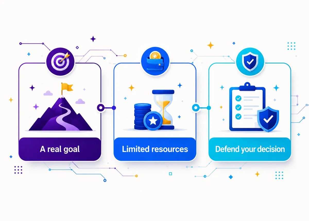 What separates a real project: constraints: A real goal, Limited resources, Defend your decision.