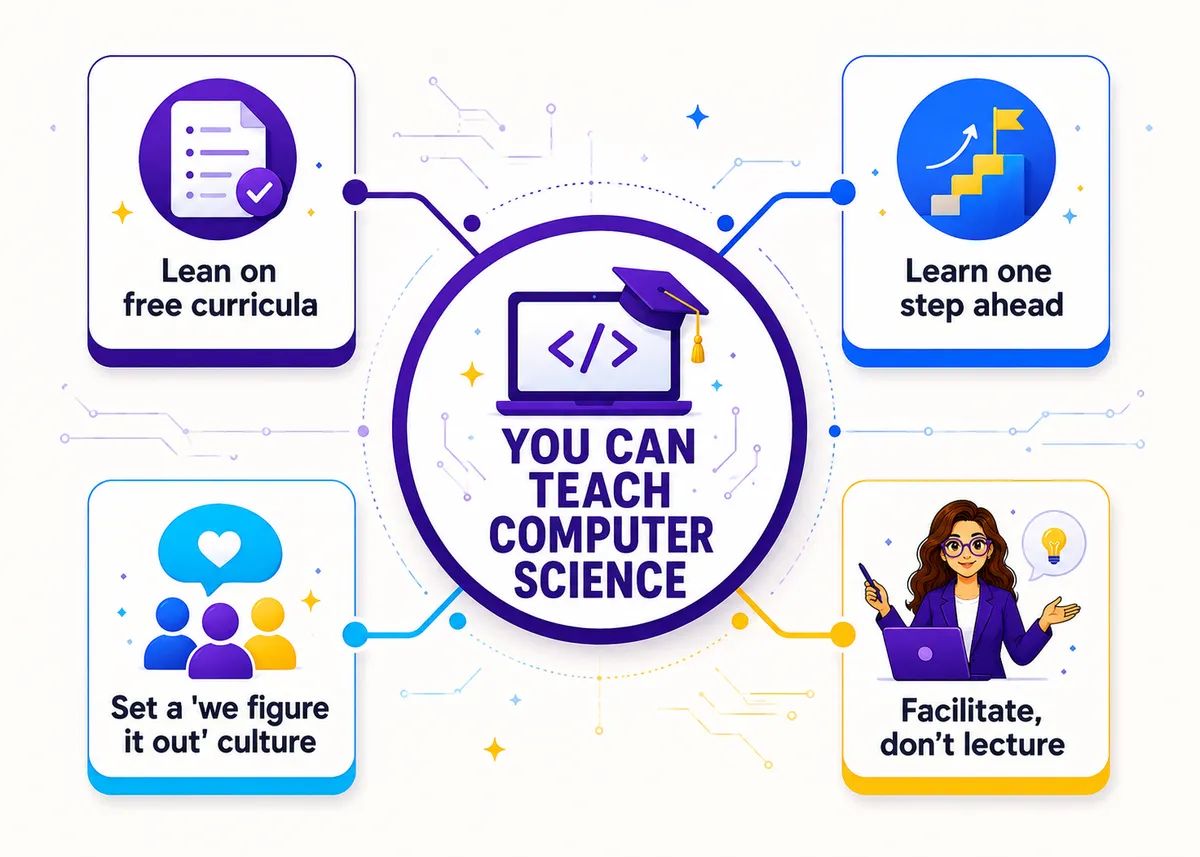 You can teach CS: four reassurances: Lean on free curricula, Learn one step ahead, Set a 'we figure it out' culture, Facilitate, don't lecture.