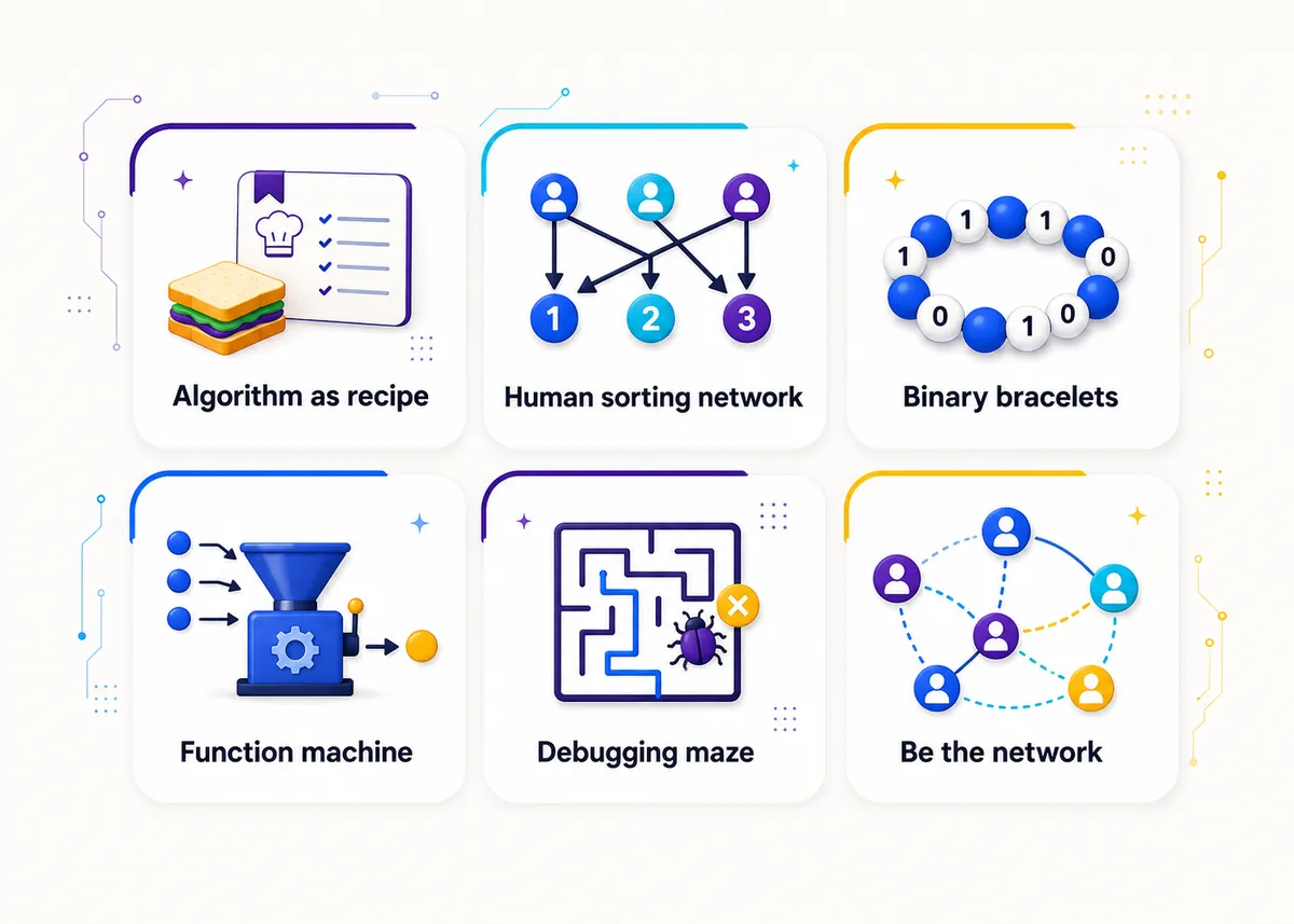 Unplugged CS activity tiles: Algorithm as recipe, Human sorting network, Binary bracelets, Function machine, Debugging maze, Be the network.